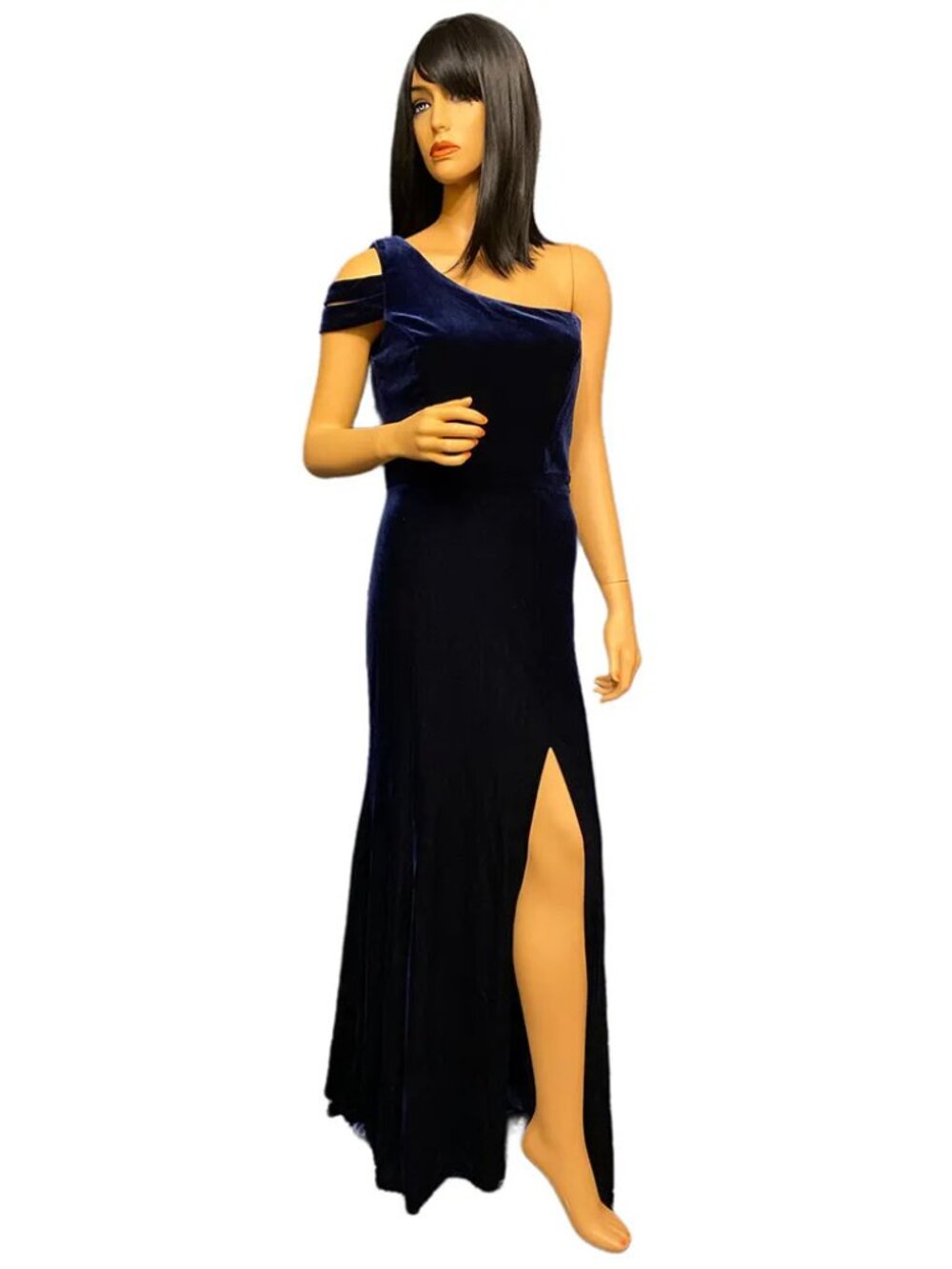 Aqua One Shoulder Velvet Gown Navy Blue Slit Cold Shoulder
